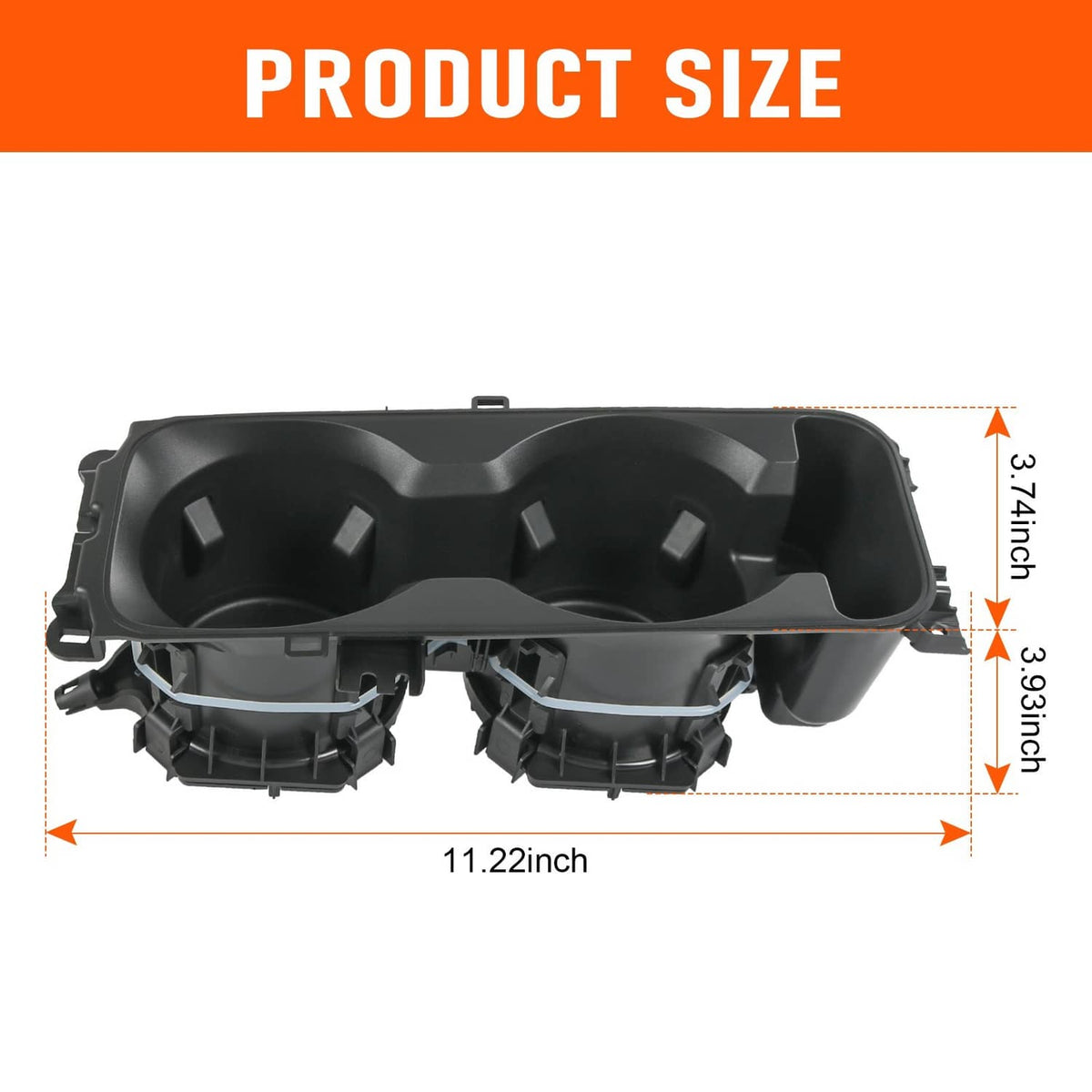 Black two-cup center console cup holder insert with dimensions marked on the panel