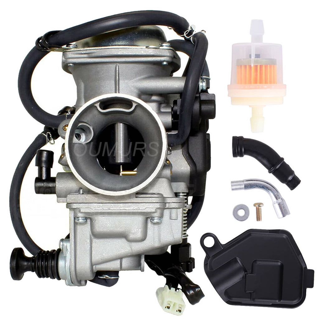 Carburetor assembly with throttle body, black hoses, and fuel filter part