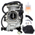 Carburetor assembly with throttle body, black hoses, and fuel filter part