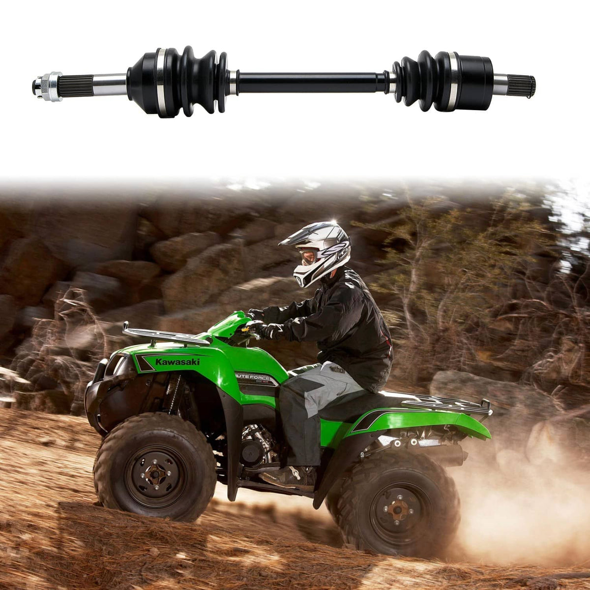 CV joint axle shaft with black rubber boots and splined metal ends, side view