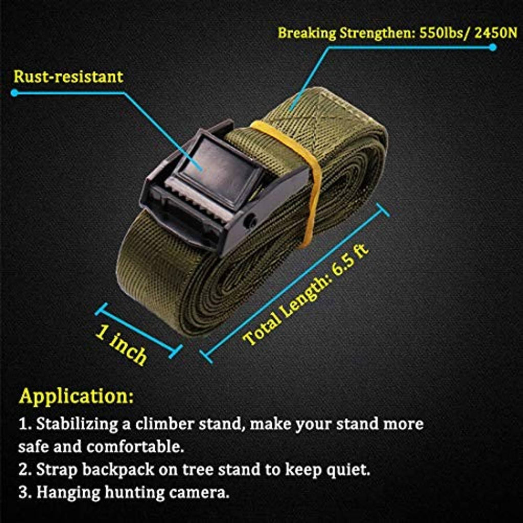 Olive webbing strap with black buckle and stitched loops for tree stand stabilization