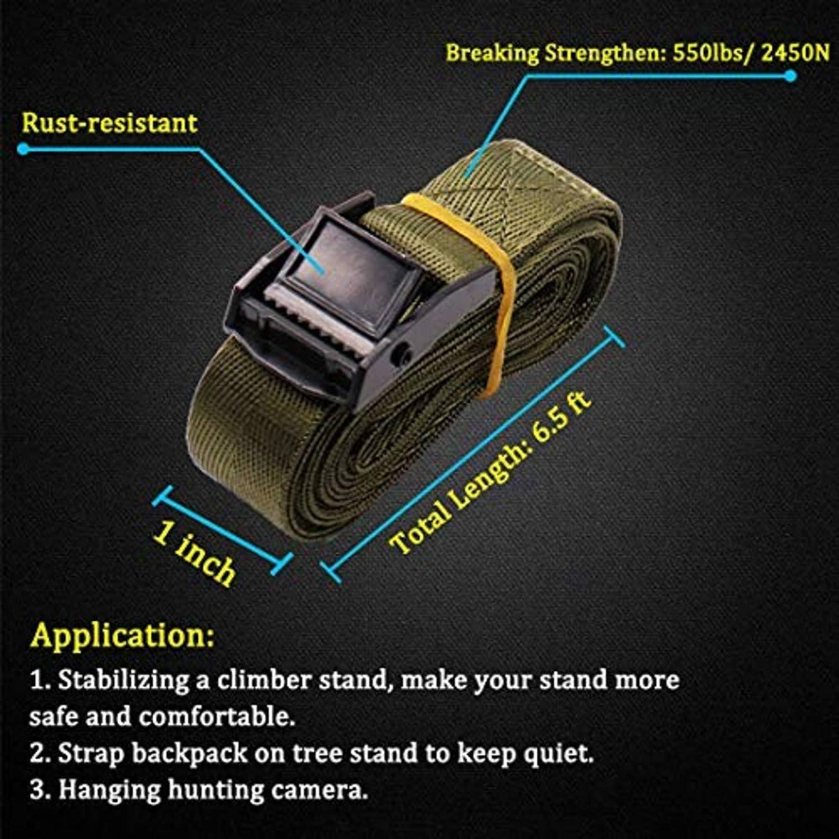 Olive webbing strap with black buckle and stitched loops for tree stand stabilization
