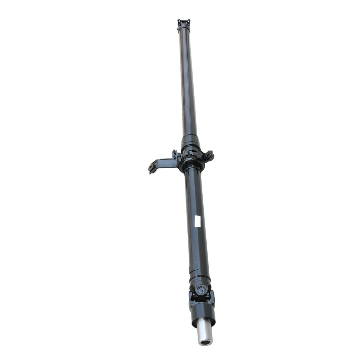 Rear drive shaft with end flange and U-joint hardware on blue-coated tube