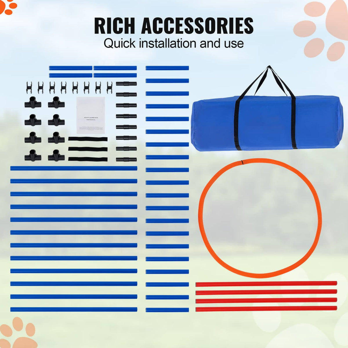 Dog agility obstacle accessories shown on layout, with coiled hoop and small parts