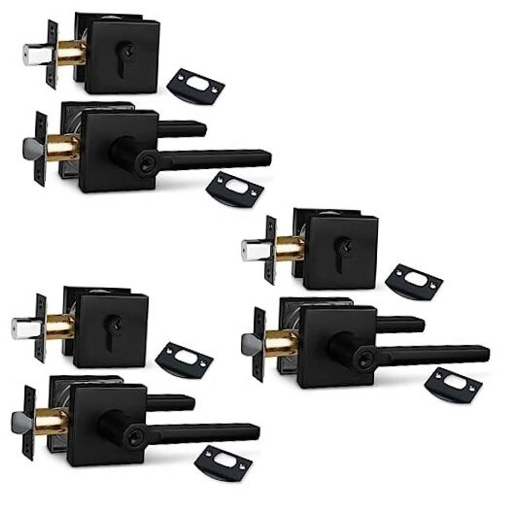 Matte black keyed entry lock set: deadbolt, lever handle, and matching keys (3-pack)