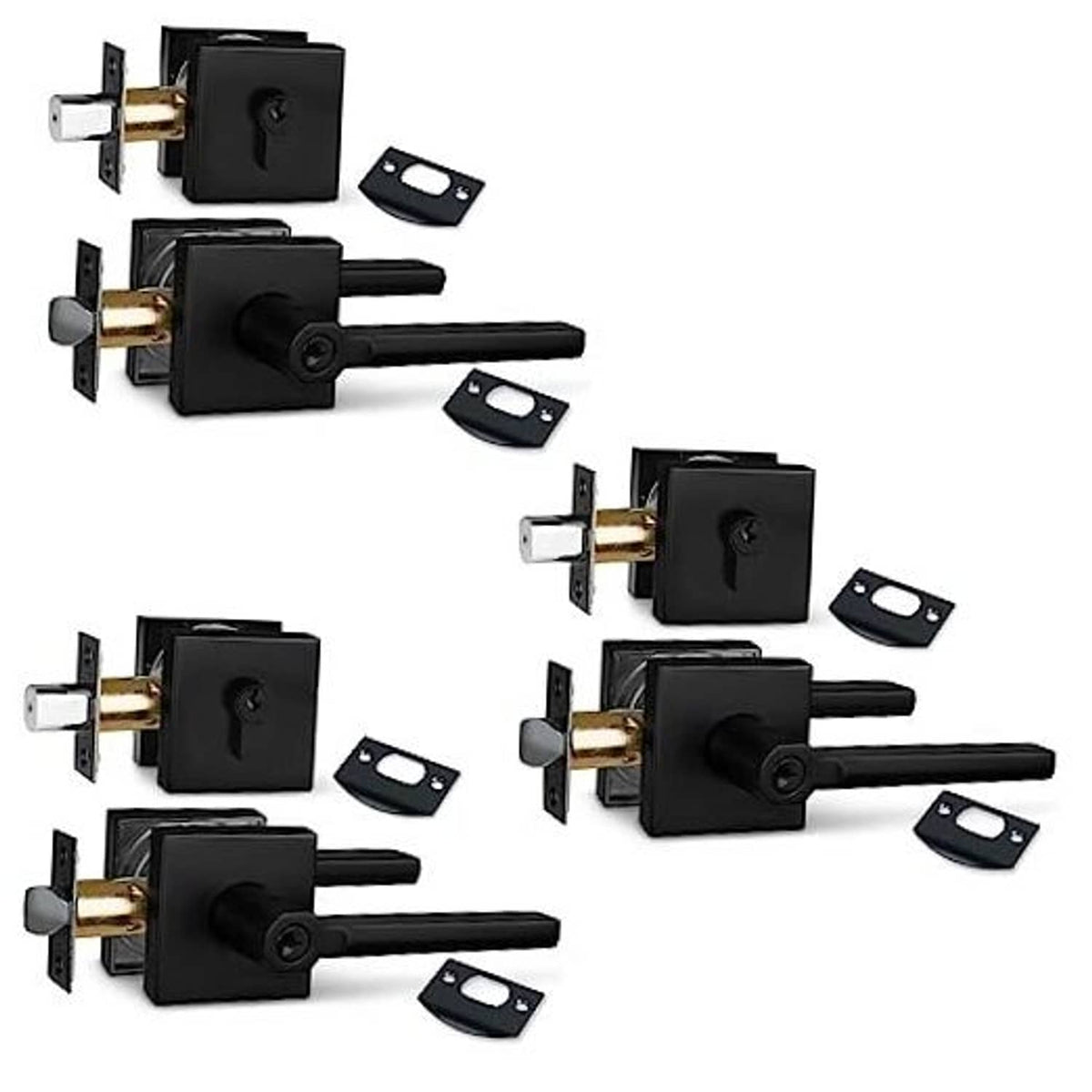 Matte black keyed entry lock set: deadbolt, lever handle, and matching keys (3-pack)