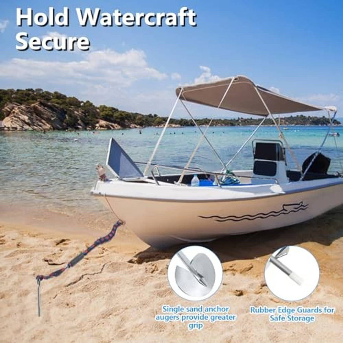 Sand anchor with screw auger and braided line to secure watercraft on the shoreline