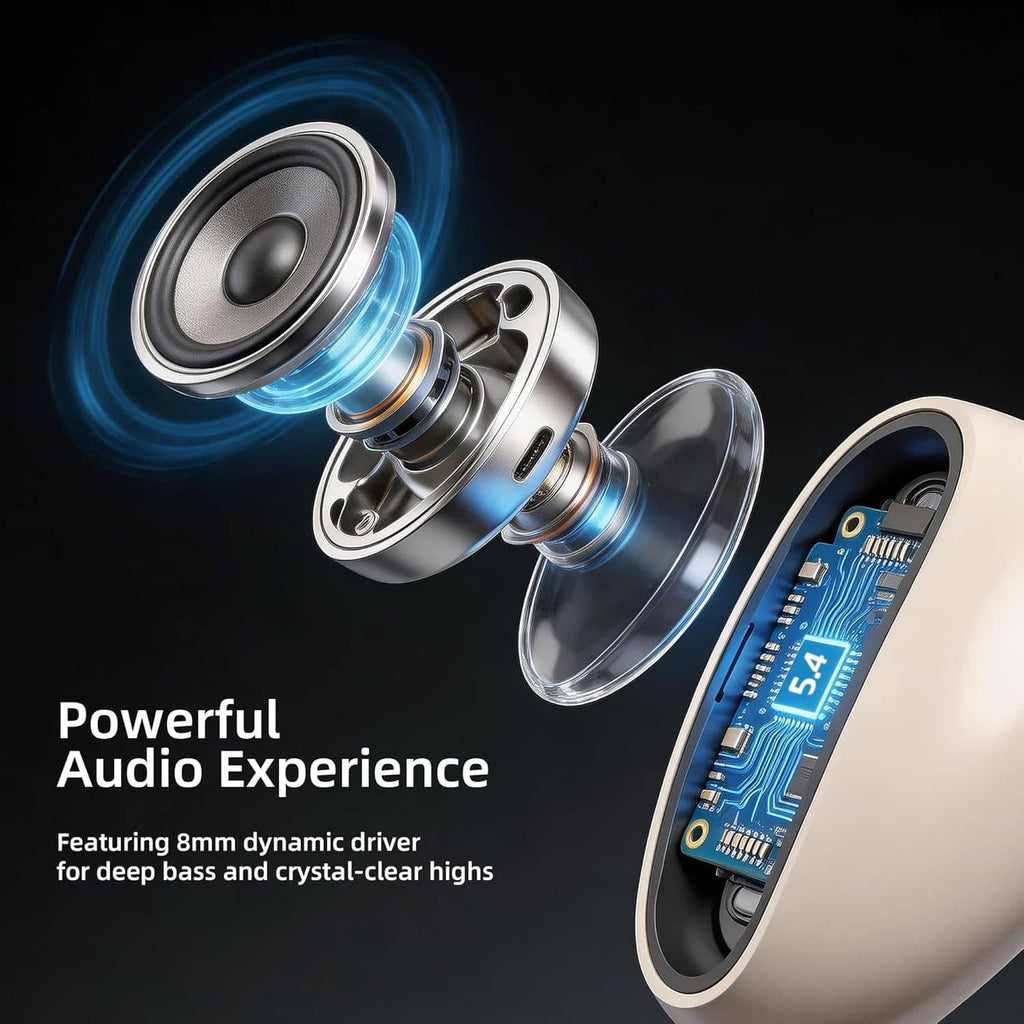 Mini earbuds with open charging case and speaker-style driver graphic