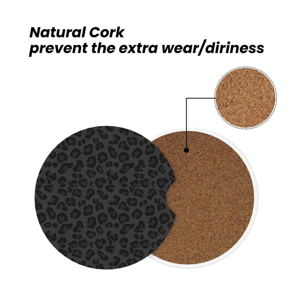 Black leopard print ceramic coaster with natural cork base layer