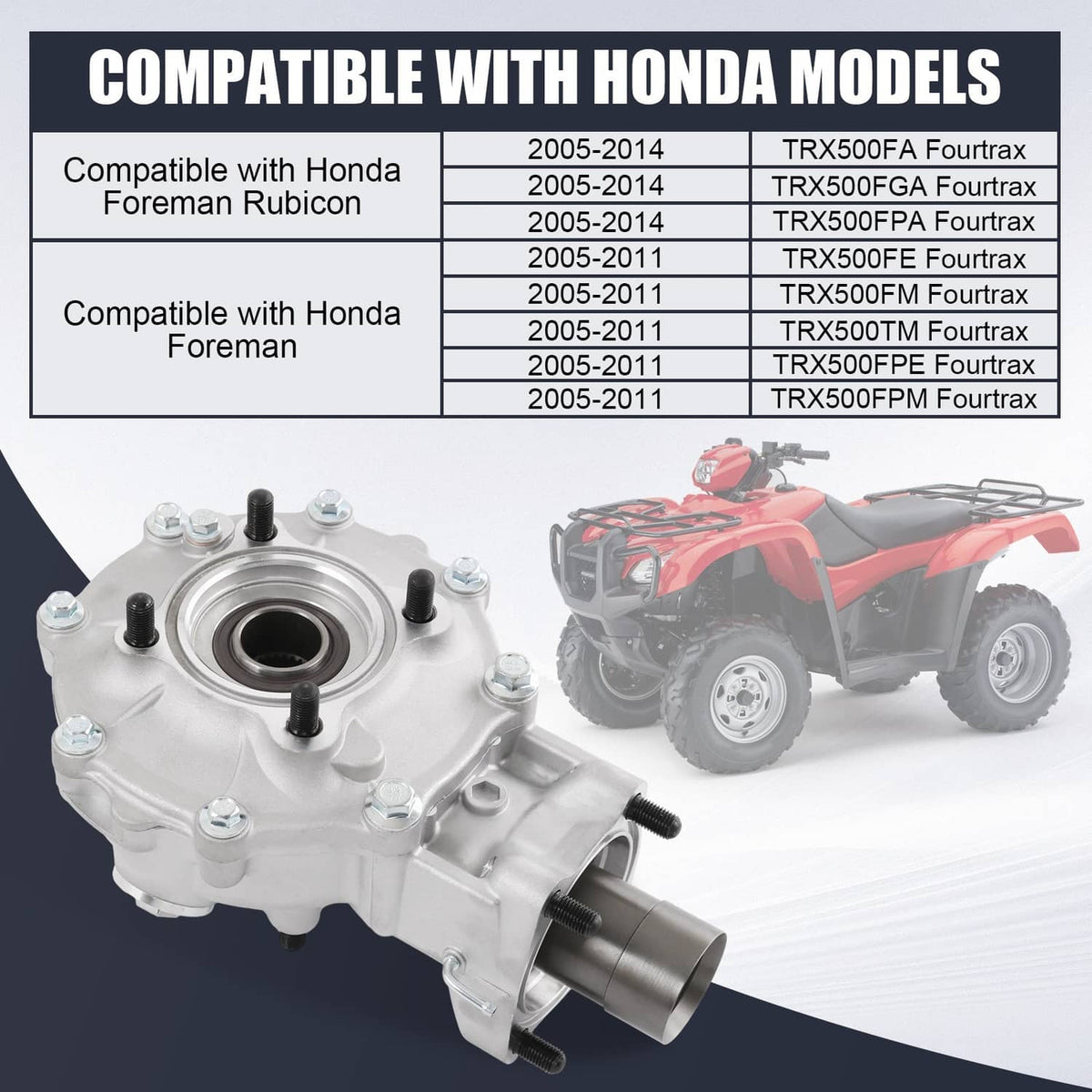 Rear differential assembly for ATV, silver housing with circular bearing cover and axle tube