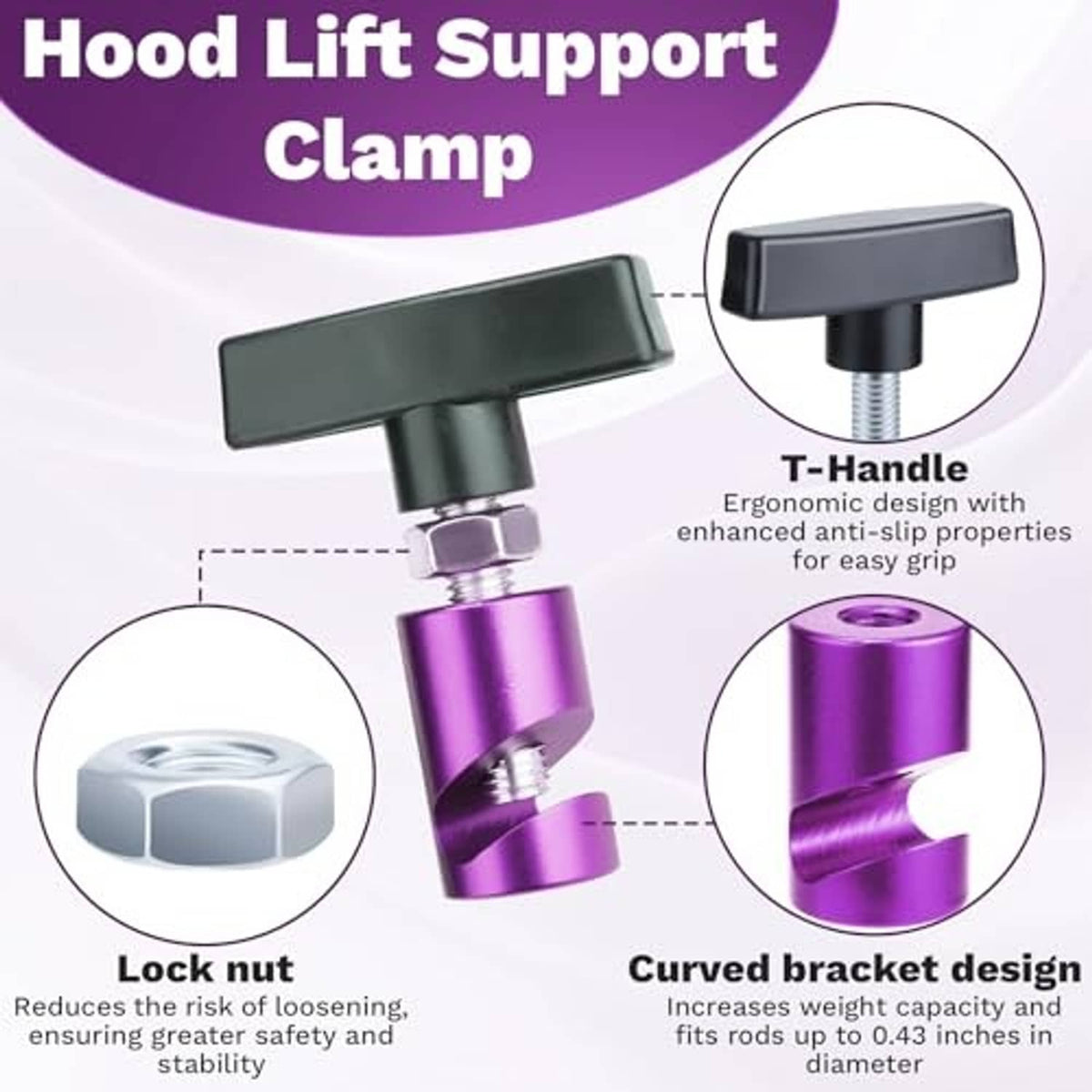 Purple hood lift support clamp with black T-handle, lock nut, and screw threads.
