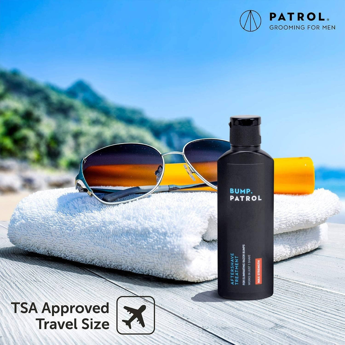 Bump Patrol aftershave treatment bottle placed on folded towel with cap attached
