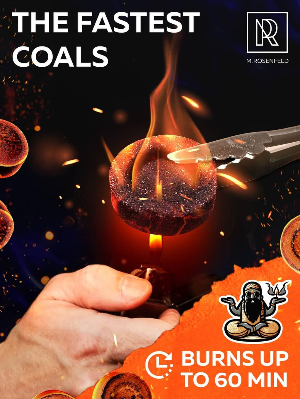 Incense charcoal disc lit by tongs with open flame and glowing coals