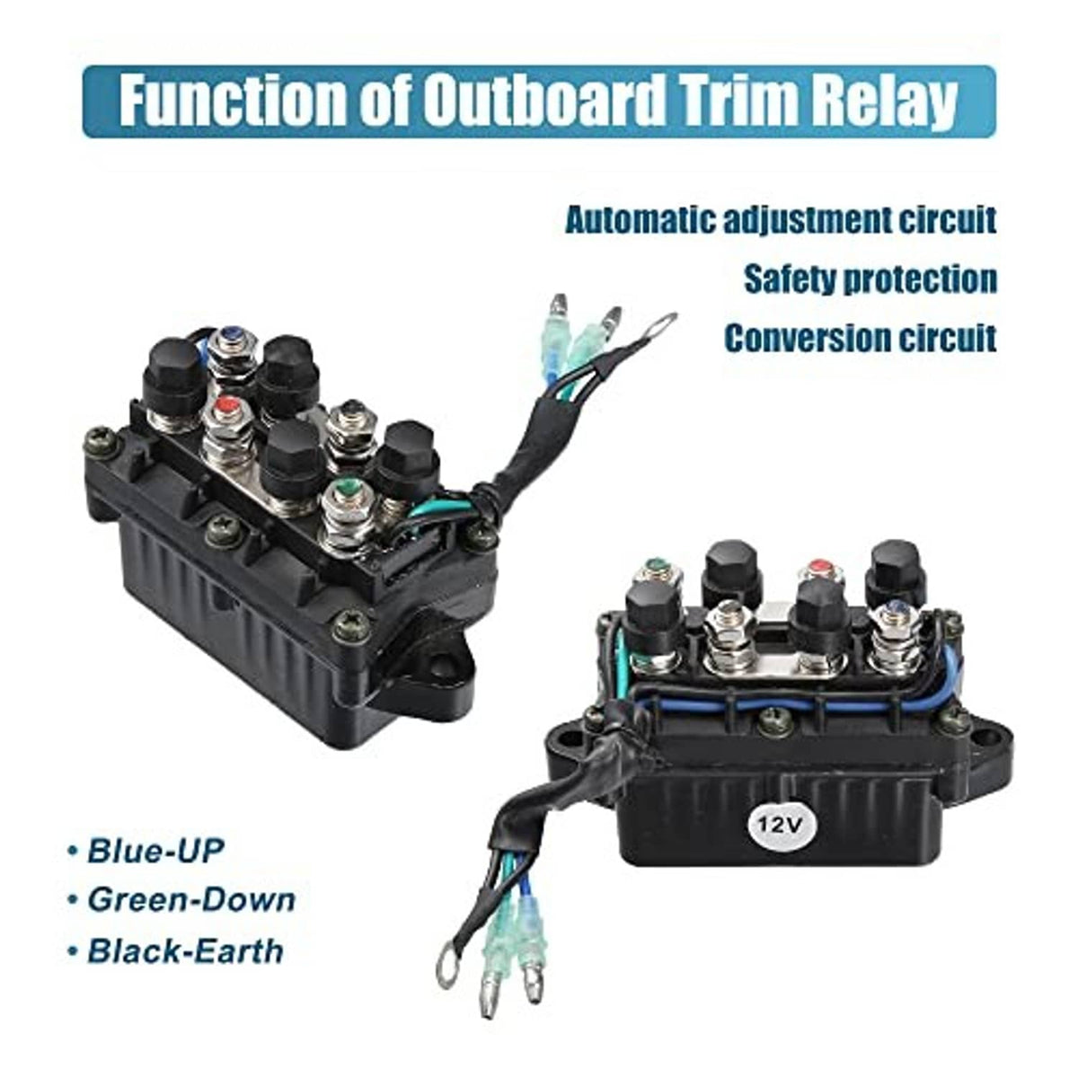 Outboard trim relay with black housing, stud terminals, and two-pin plug wires