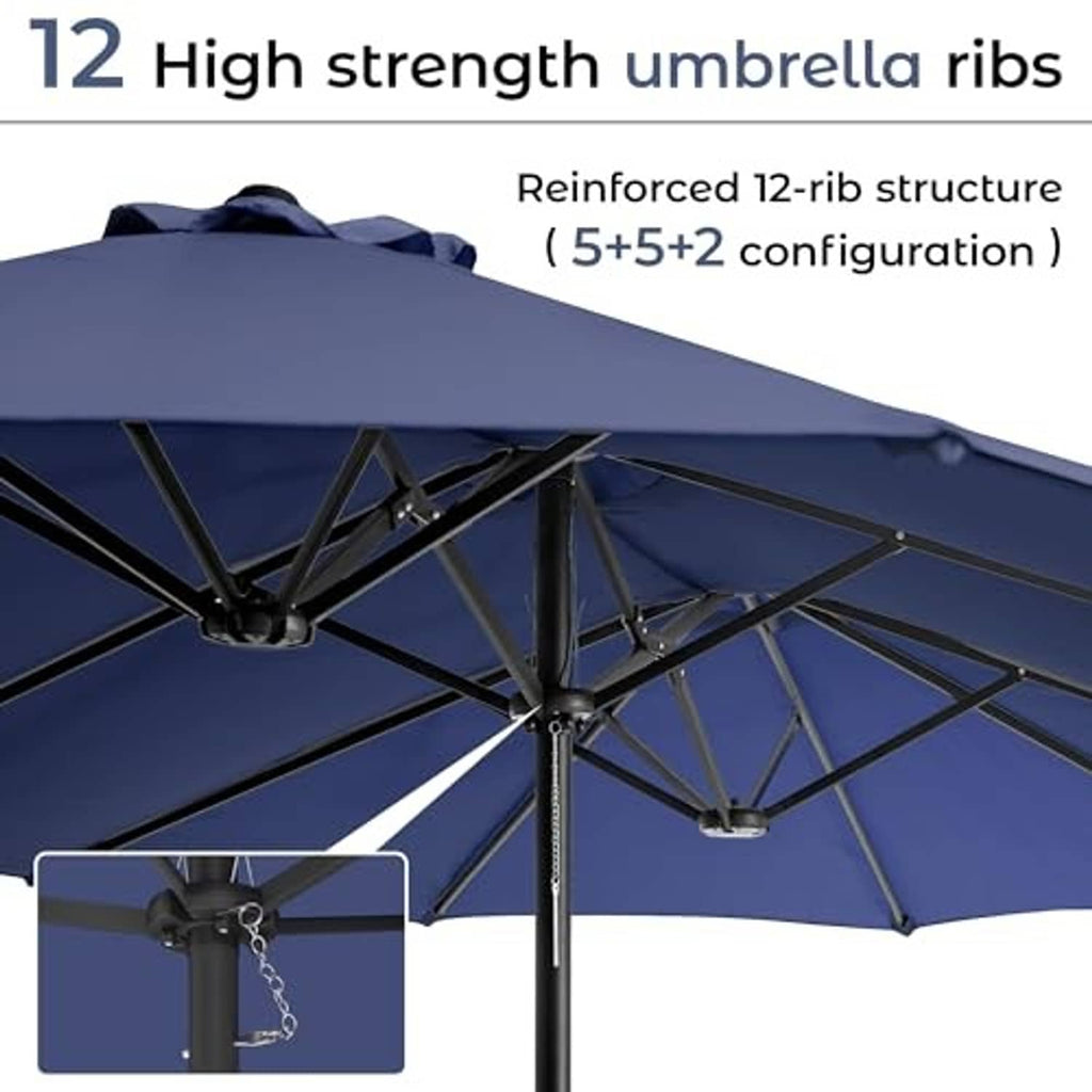 Navy rectangular patio umbrella canopy showing reinforced 12-rib frame at the pole