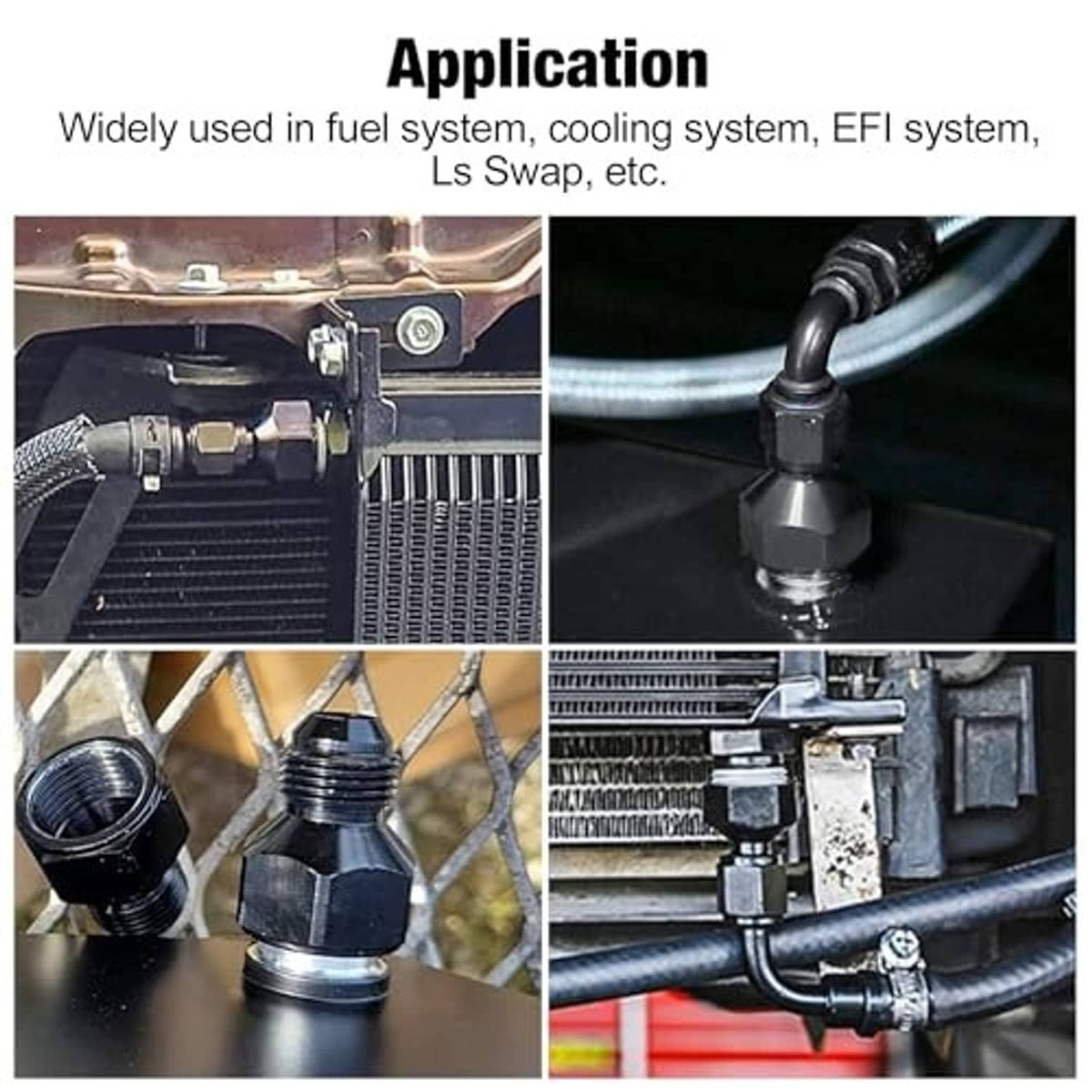 Black AN fitting reducer/expander adapter connecting hose lines with threaded ports