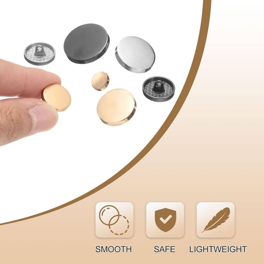Matte silver round buttons held for front and back view