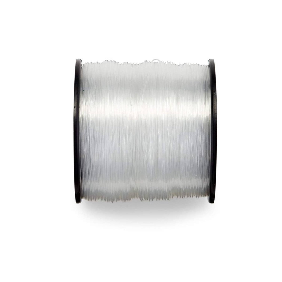 Clear monofilament fishing line wound on spool, top view close-up