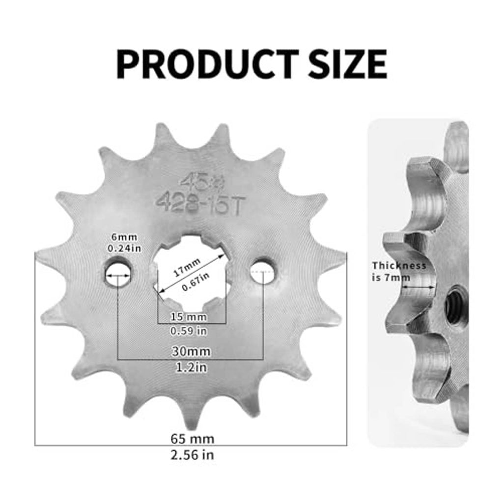 Motorcycle front engine sprocket size diagram with dimensions and profile detail