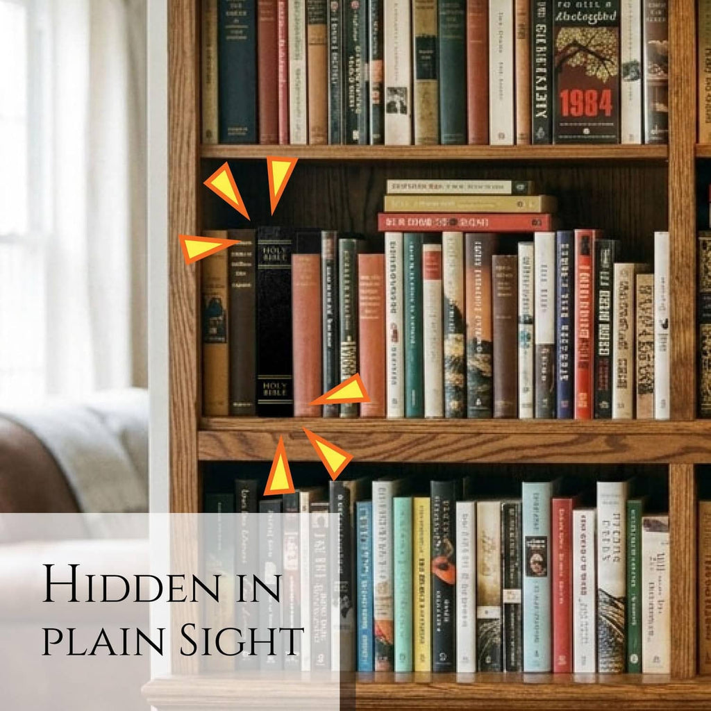 Black book safe hidden among books on a shelf