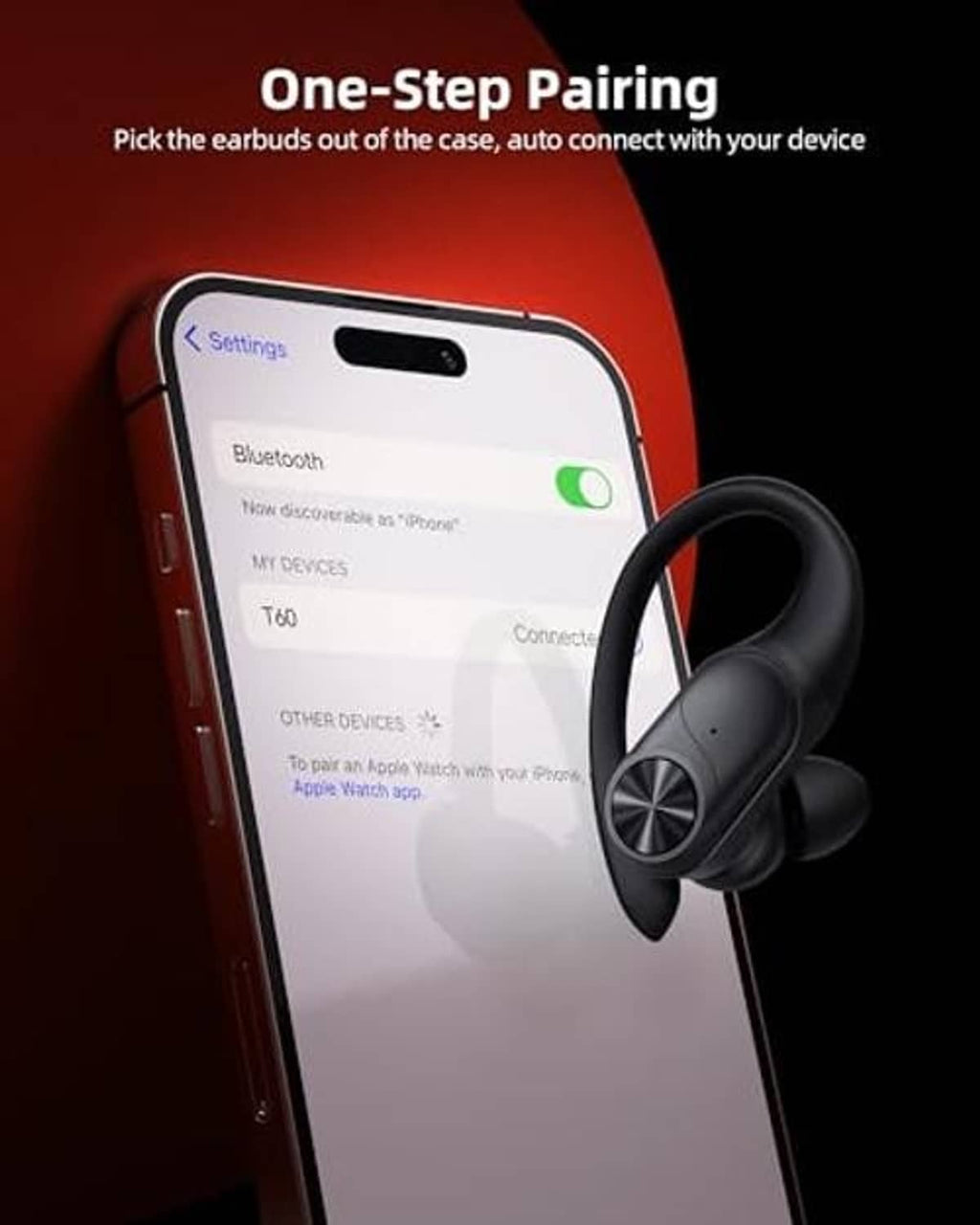 Black wireless earbuds next to a smartphone screen for one-step pairing