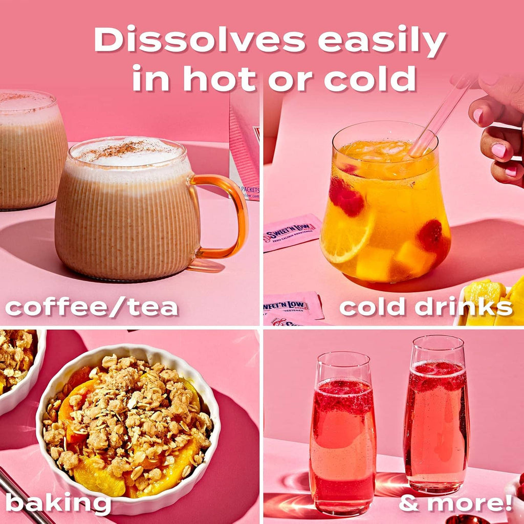 Sweet 'n Low sachets shown with hot drinks, cold drinks, and baking ingredients