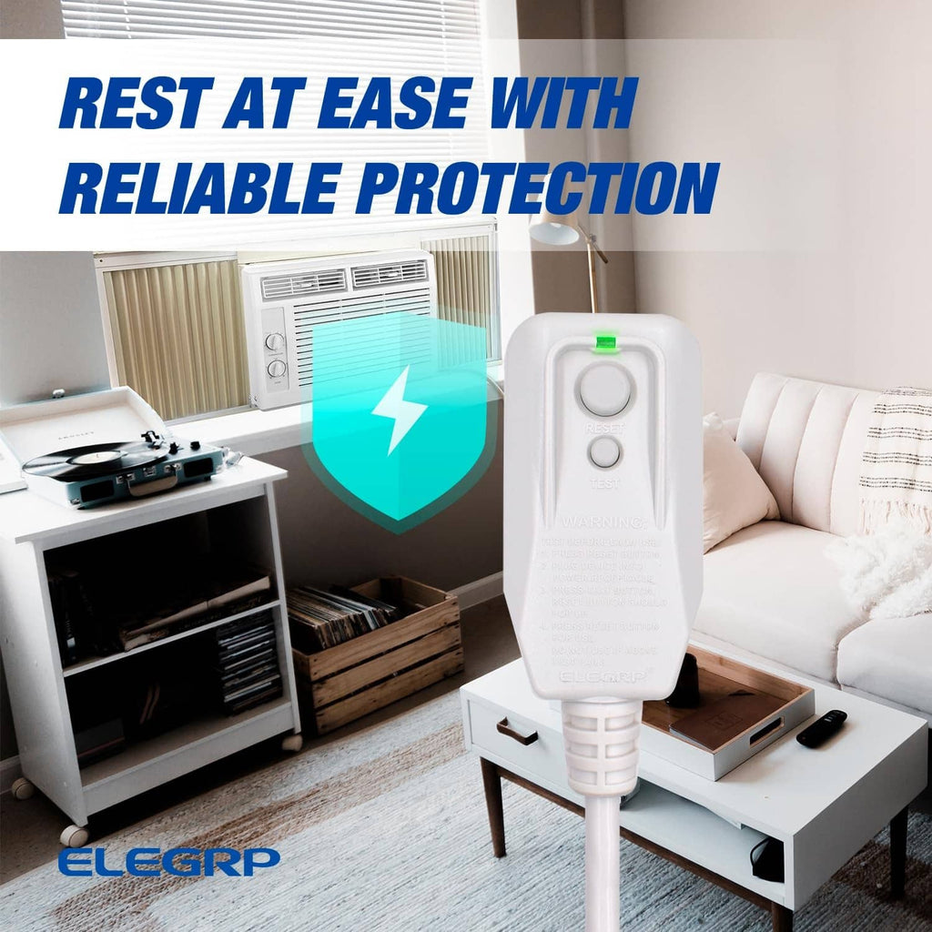 White LCDI power cord controller connected to a grounding plug for air conditioners