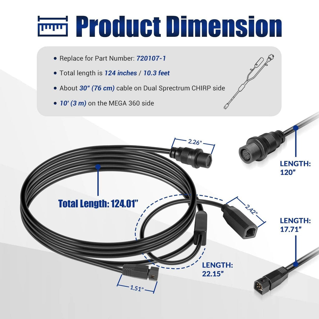 Black transducer adapter cable with dual connector ends and length markings