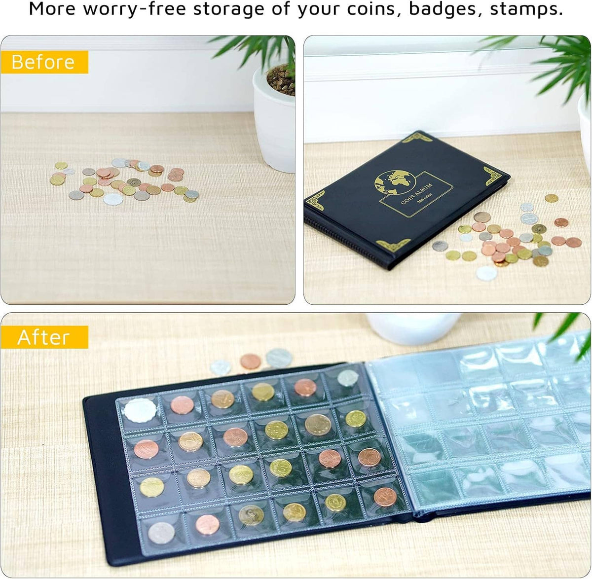 Coin album laid open with coin pockets and transparent cover page for organized storage