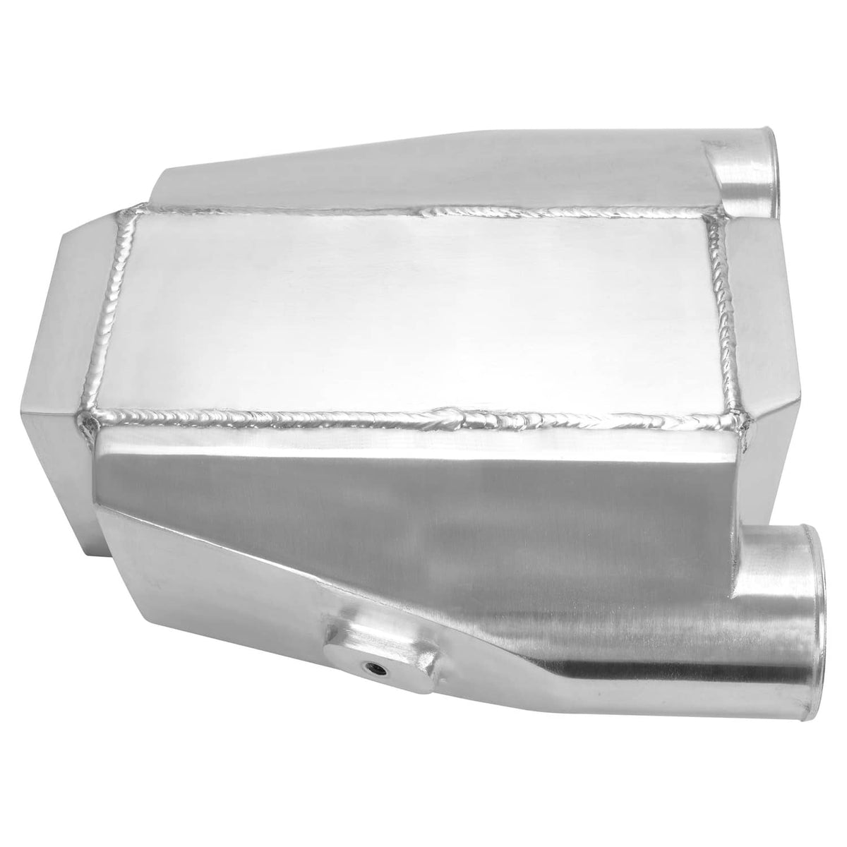 Universal air-to-water intercooler side view with one outlet tube and welded aluminum body