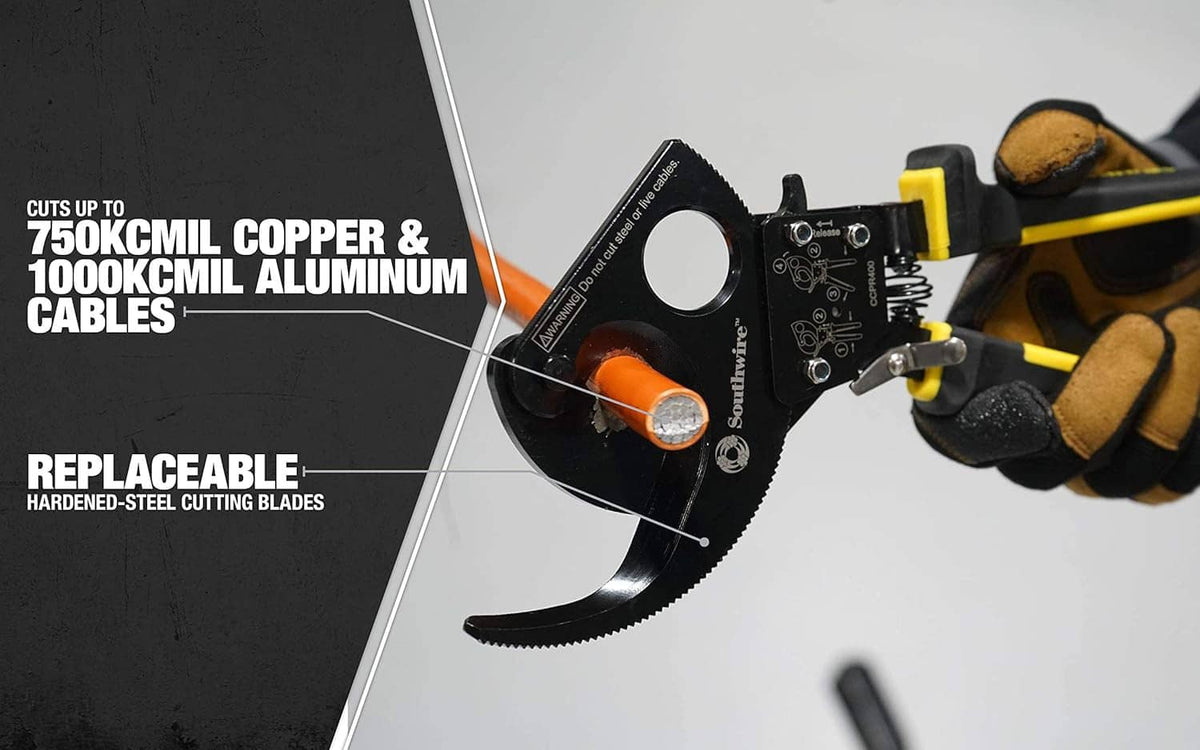 Ratcheting cable cutter tool showing blade area and orange insert on head