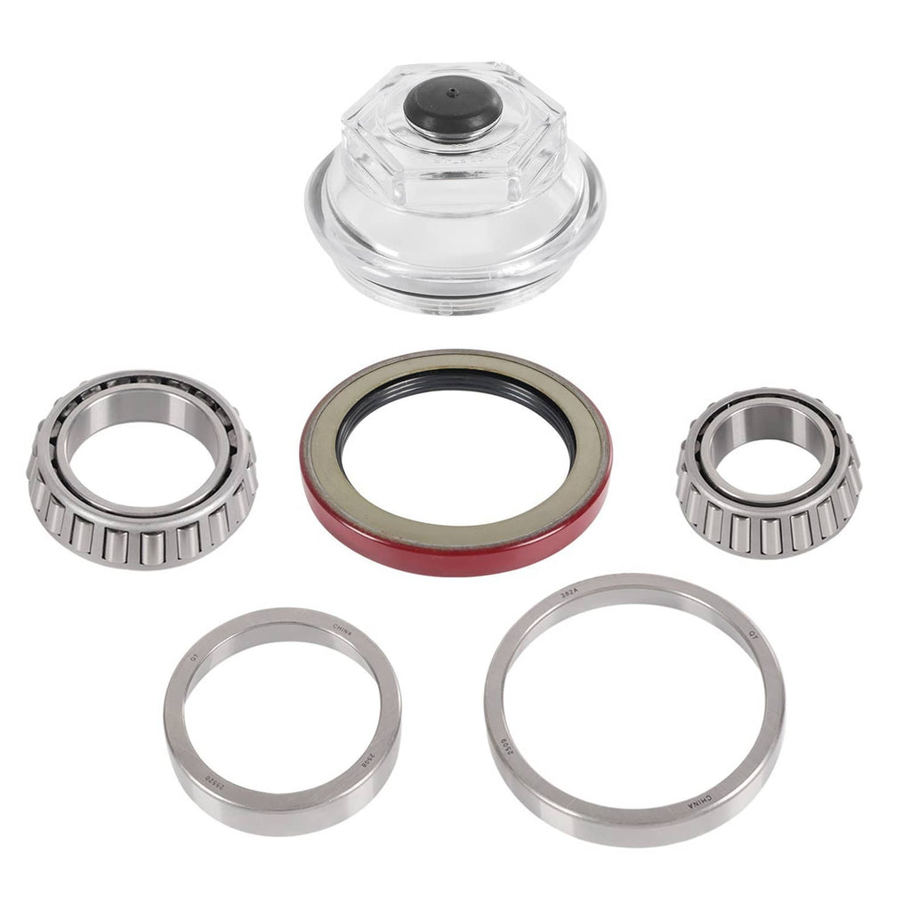 Trailer bearing kit with metal roller bearings, grease seal, and oil cap