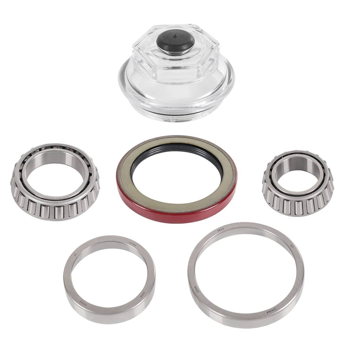 Trailer bearing kit with metal roller bearings, grease seal, and oil cap