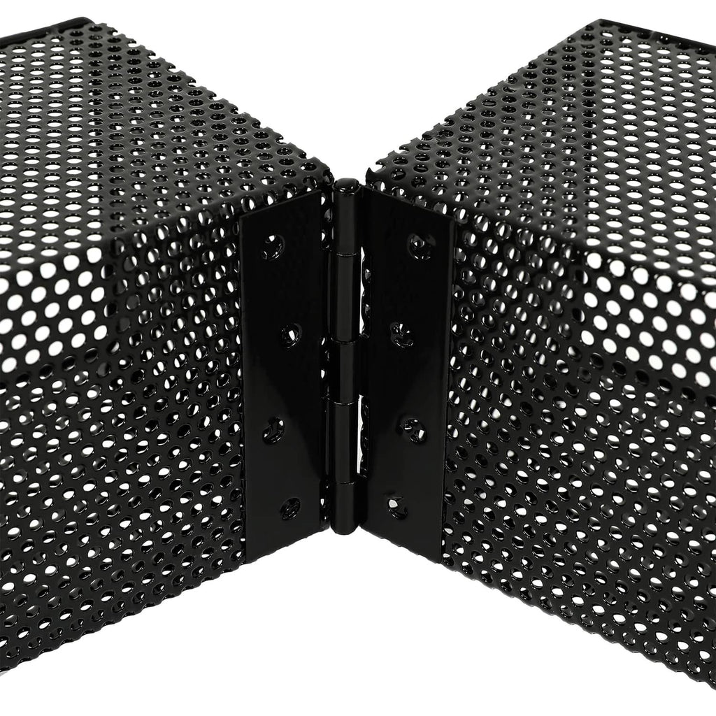 Close-up of black mesh basket box hinge with two folded metal panels