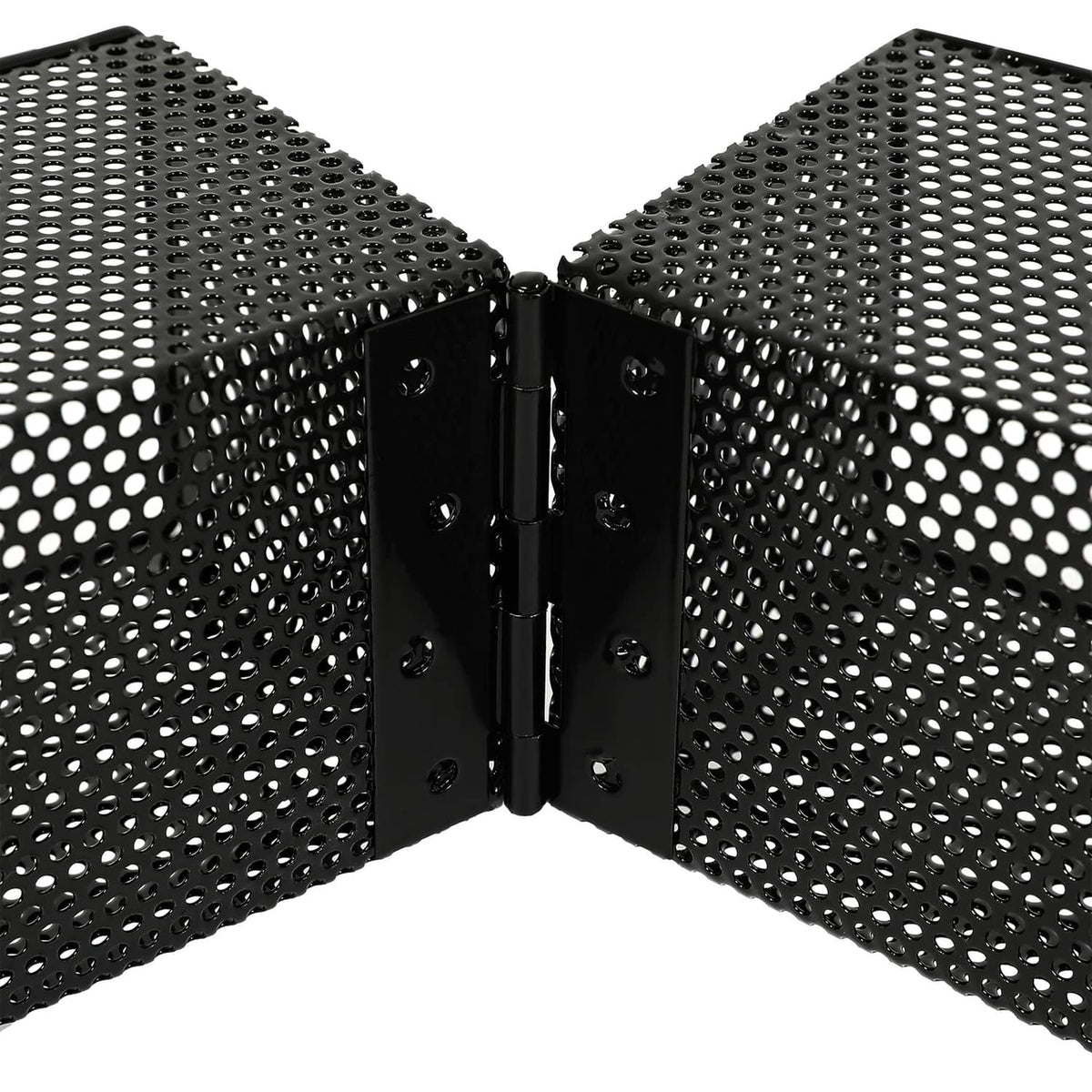 Close-up of black mesh basket box hinge with two folded metal panels