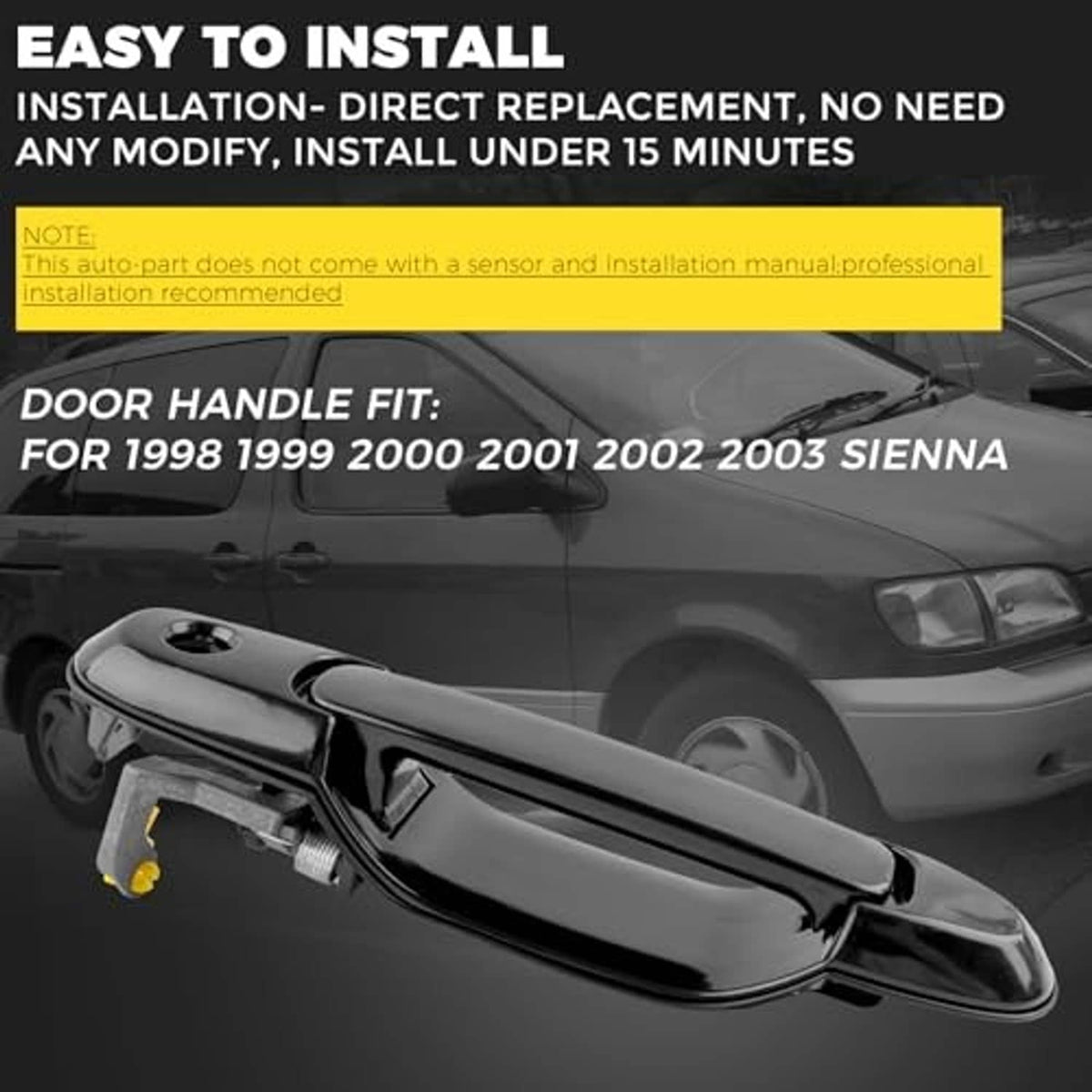 Black exterior door handle with mounting hardware, positioned on vehicle front door