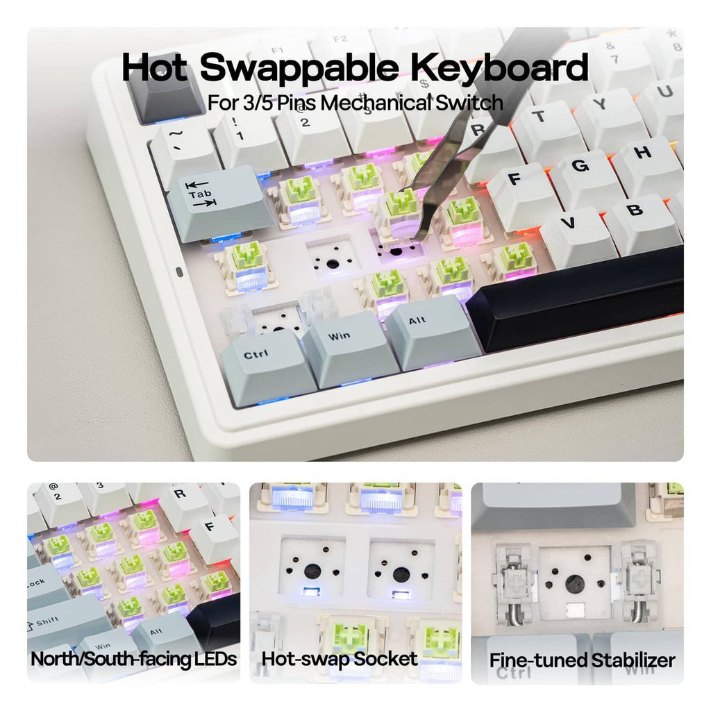 Hot-swappable mechanical keyboard with multicolor RGB backlighting and socket area