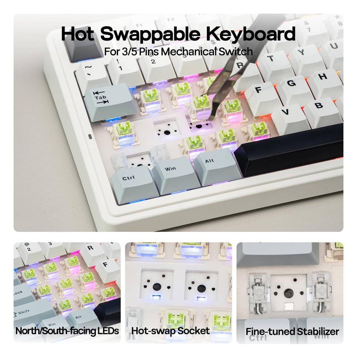 Hot-swappable mechanical keyboard with multicolor RGB backlighting and socket area
