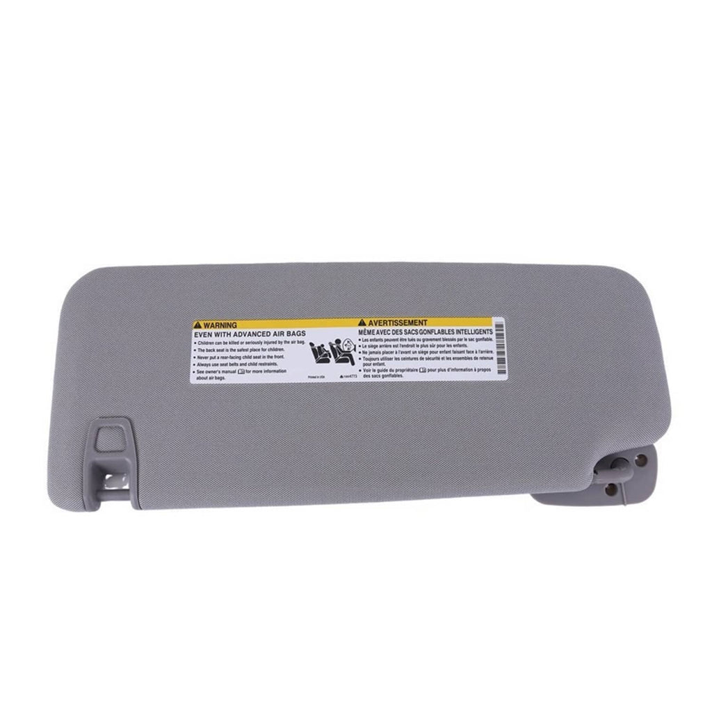 Grey right-side sun visor with label, hinge cutout and side handle