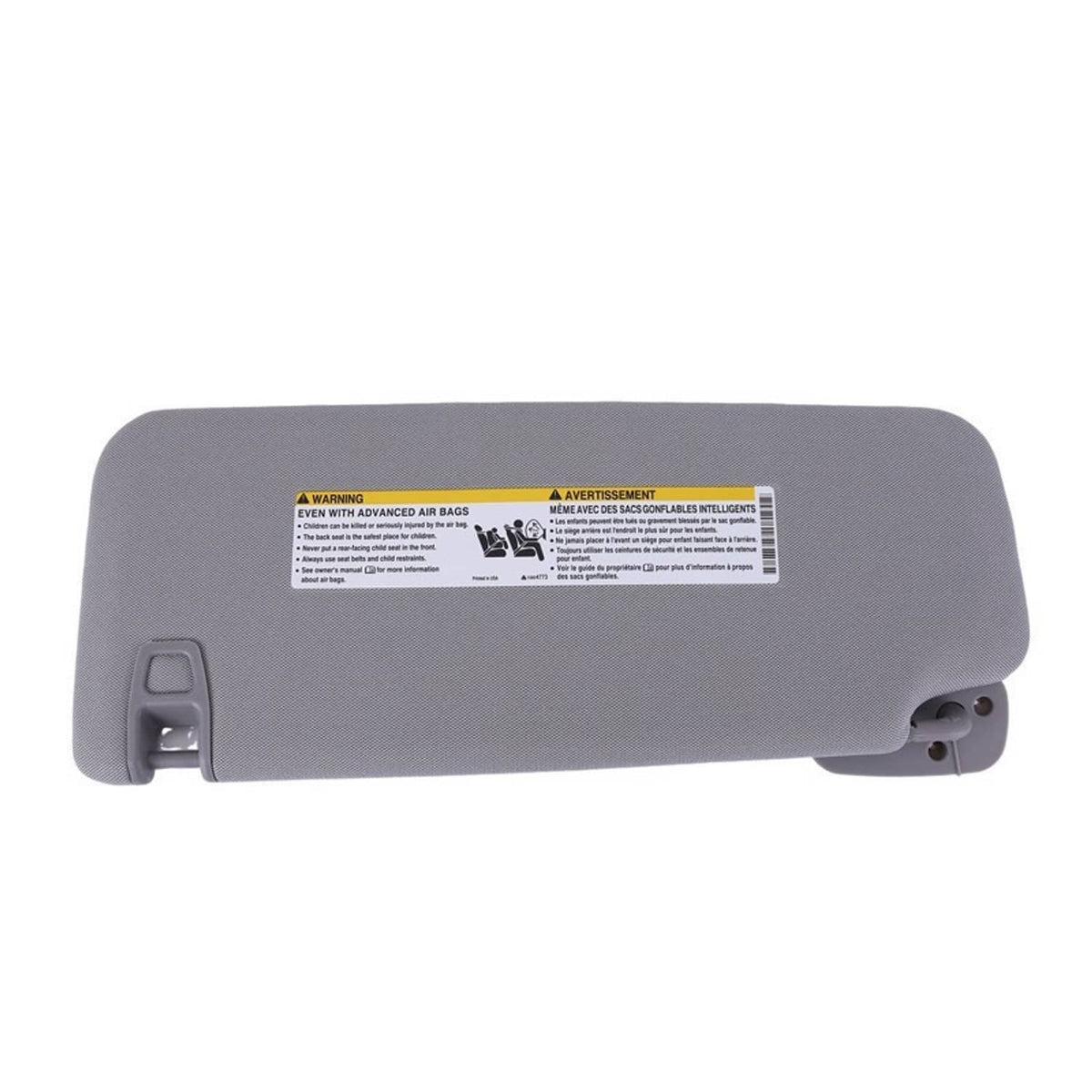 Grey right-side sun visor with label, hinge cutout and side handle