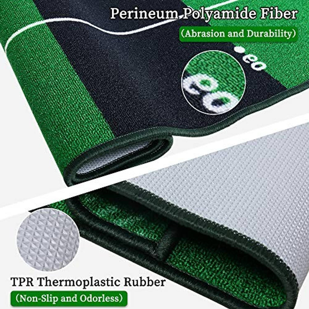 Close-up of golf putting mat edge with green surface and black non-slip rubber backing