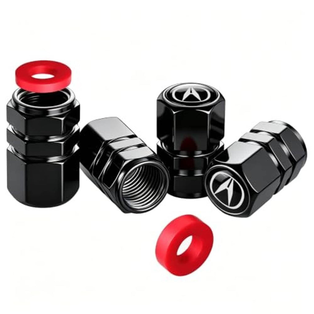 Set of black metal valve stem caps with Acura logo and a red rubber O-ring