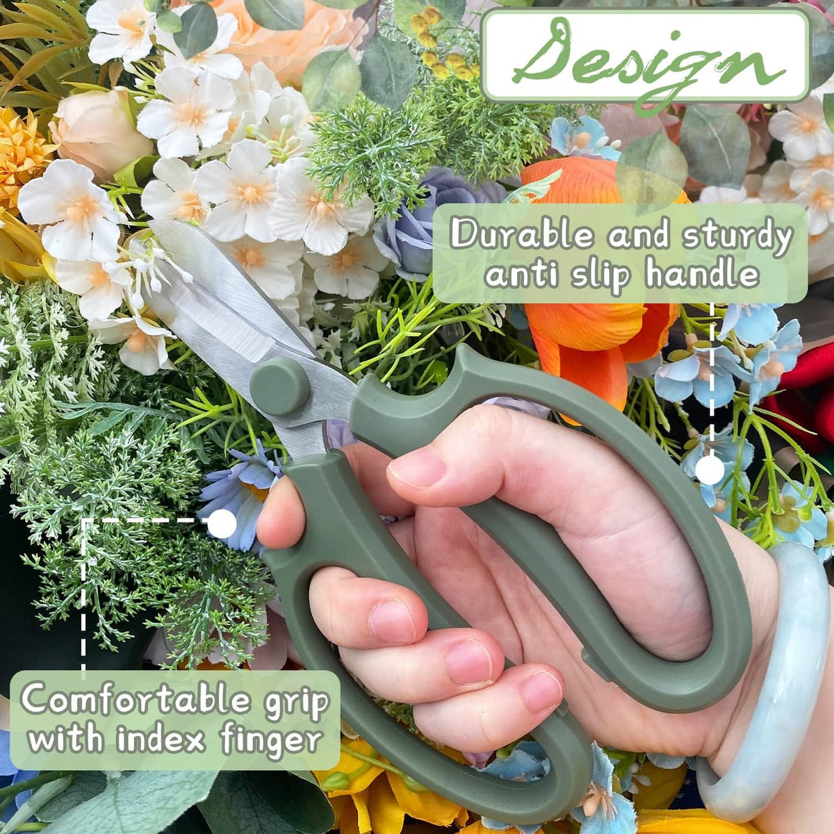 Mint green garden flower scissors with comfortable anti-slip grip, silver blade