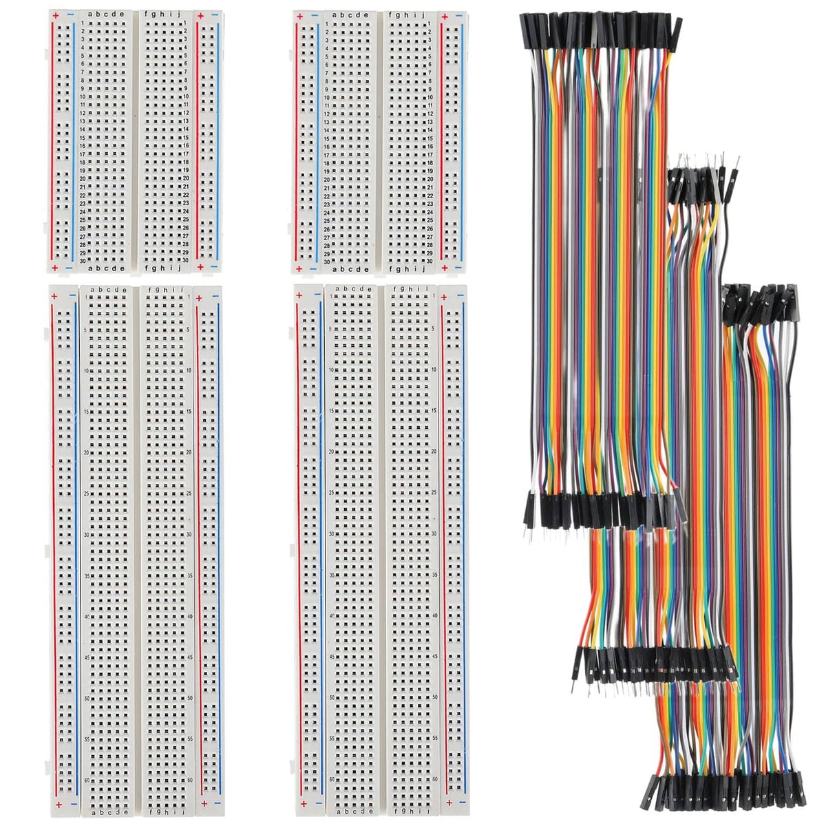 Two solderless breadboards with multicolor jumper wires and black connector pins
