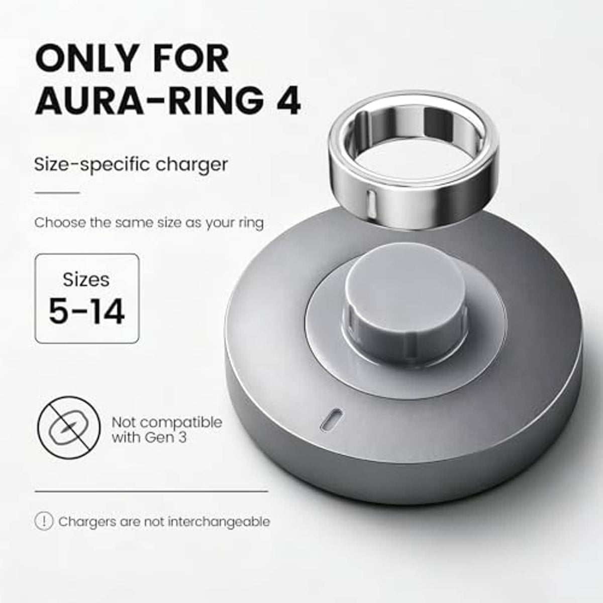 Smart ring charging dock with centered holder, gray and silver, USB-C cable