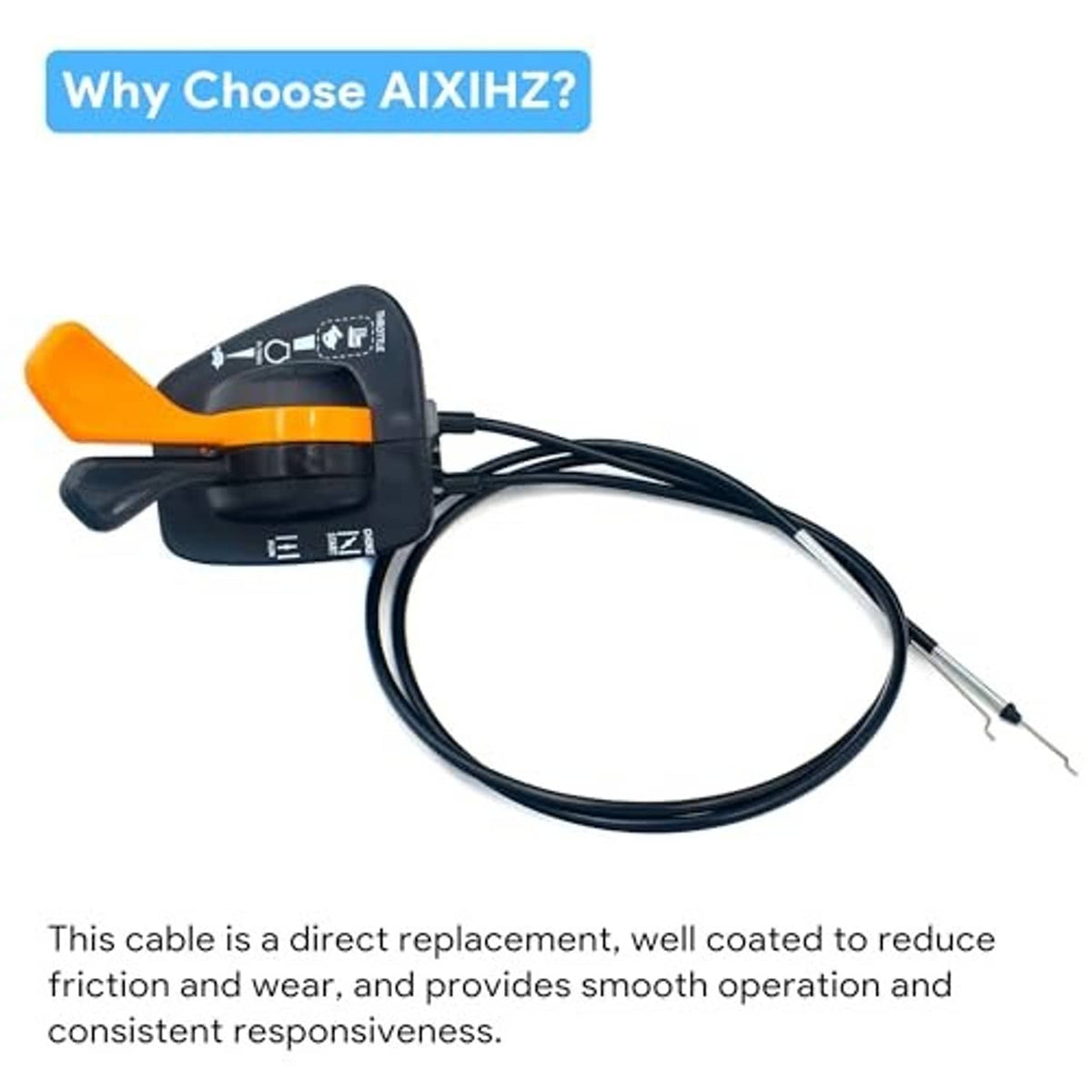 Throttle/choke cable assembly with orange lever, black wire harness, and cable ends