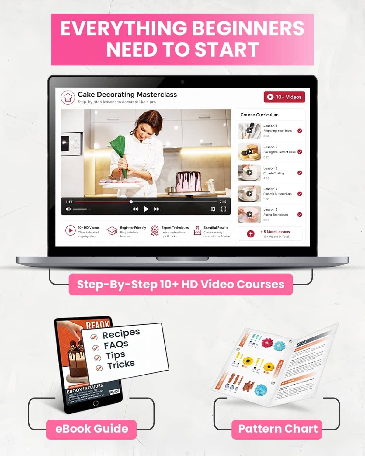 Digital cake decorating masterclass on laptop screen with recipe and pattern guides