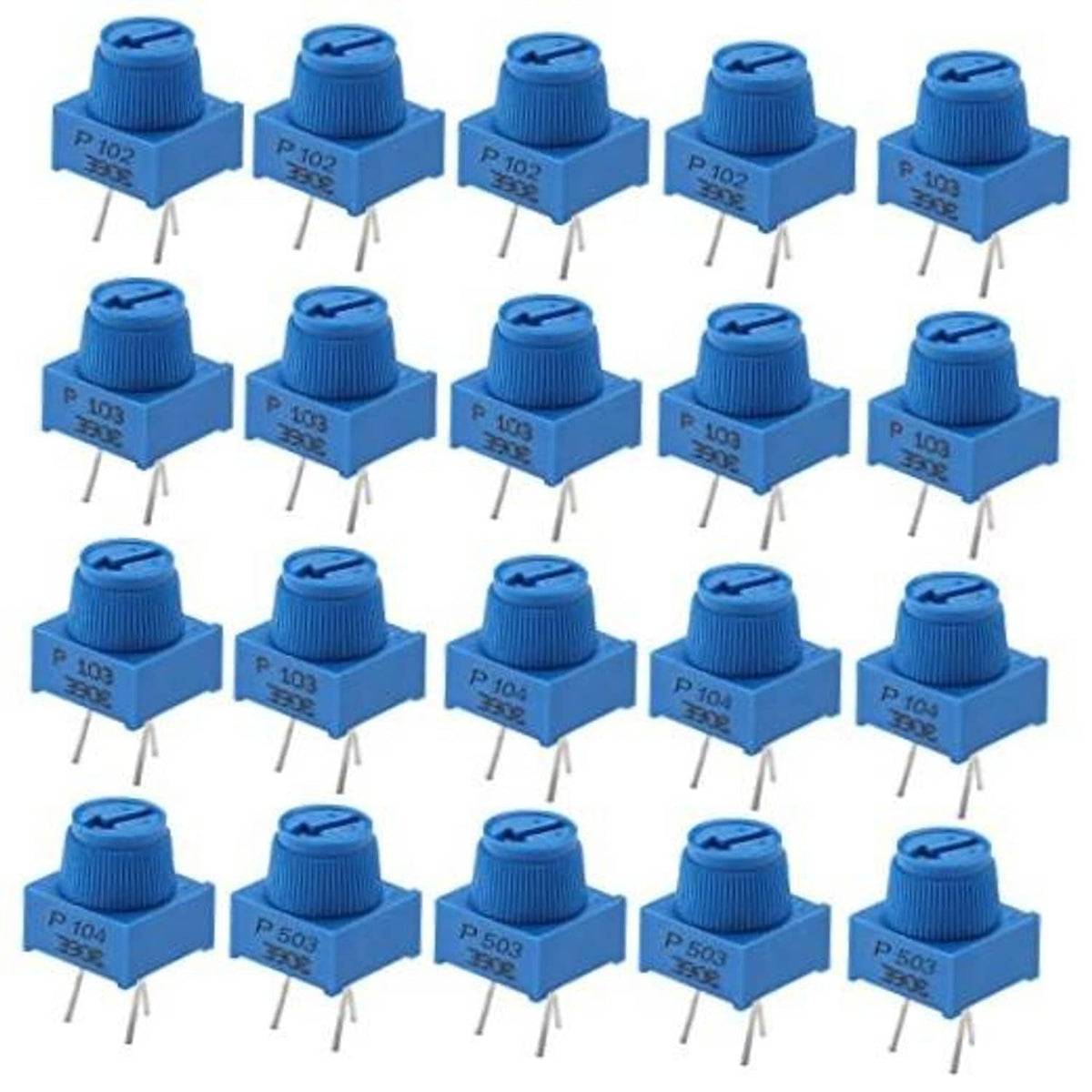 Blue 3-pin trimpot potentiometers, set of 20, with adjustable screw tops