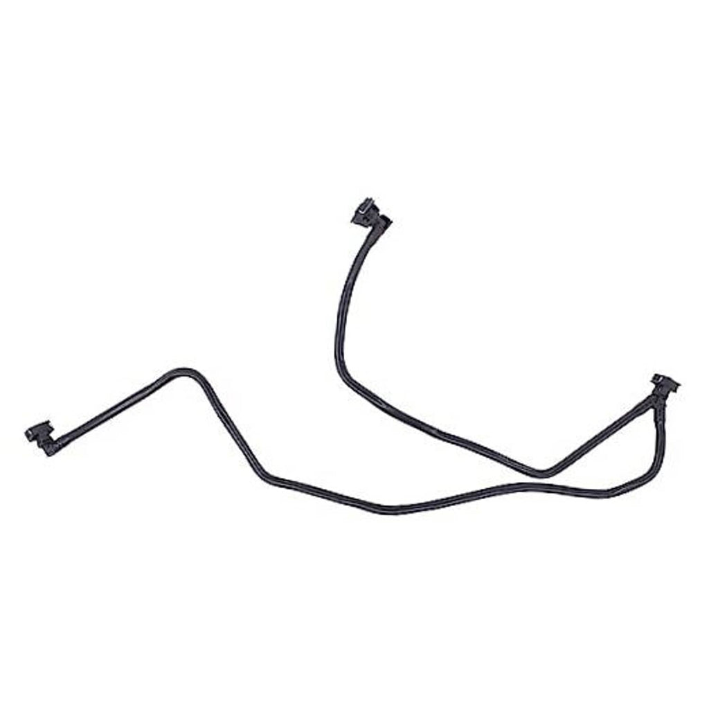 Upper radiator coolant overflow hose with three clamp connectors, black rubber.