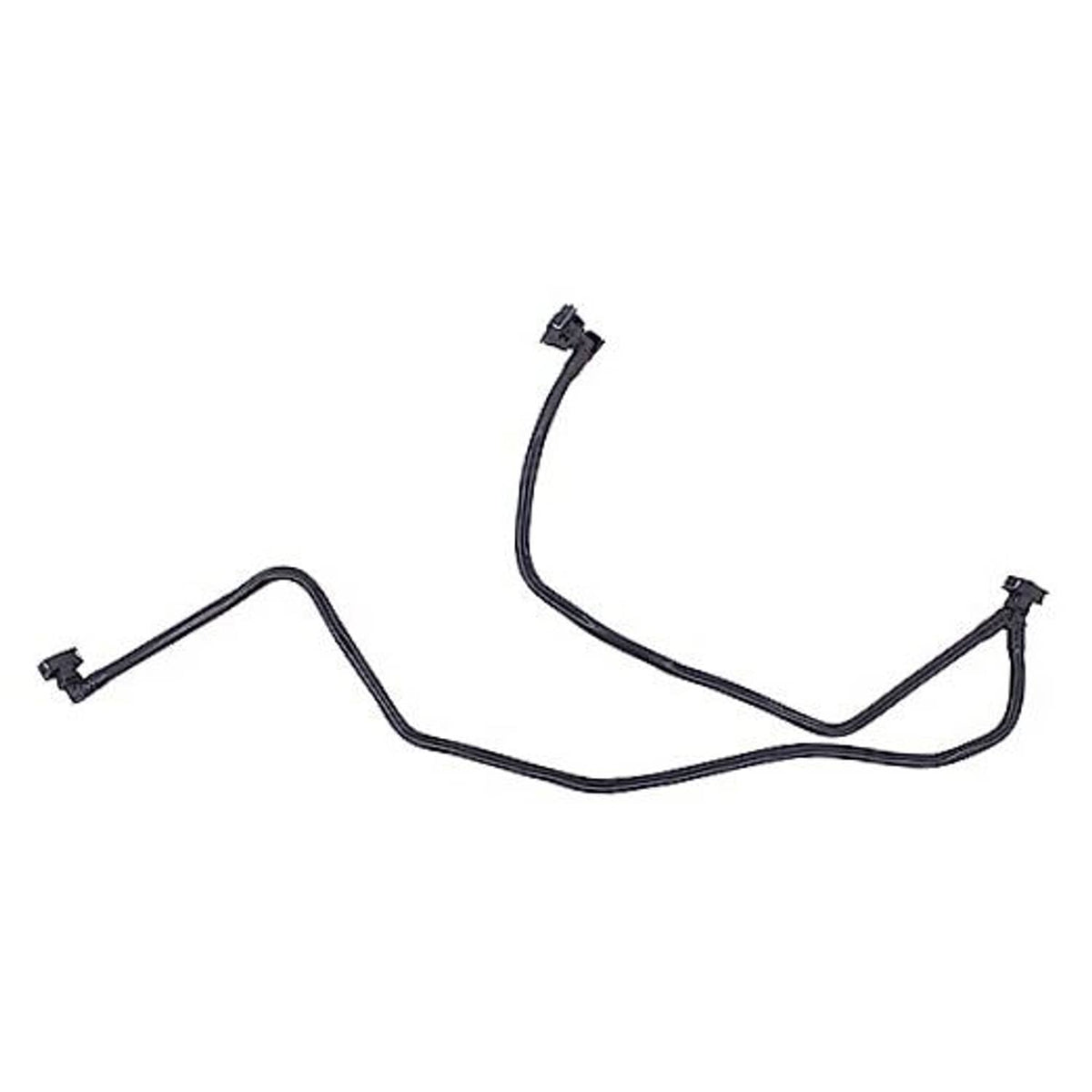 Upper radiator coolant overflow hose with three clamp connectors, black rubber.